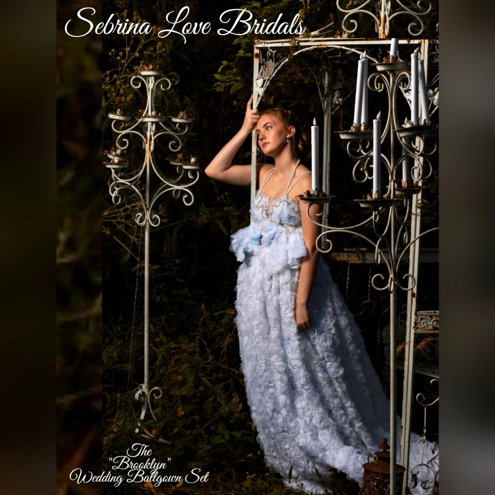SAMPLE GOWN ONLY - "BROOKLYN" White/Blue Woodland Princess Wedding Ballg…